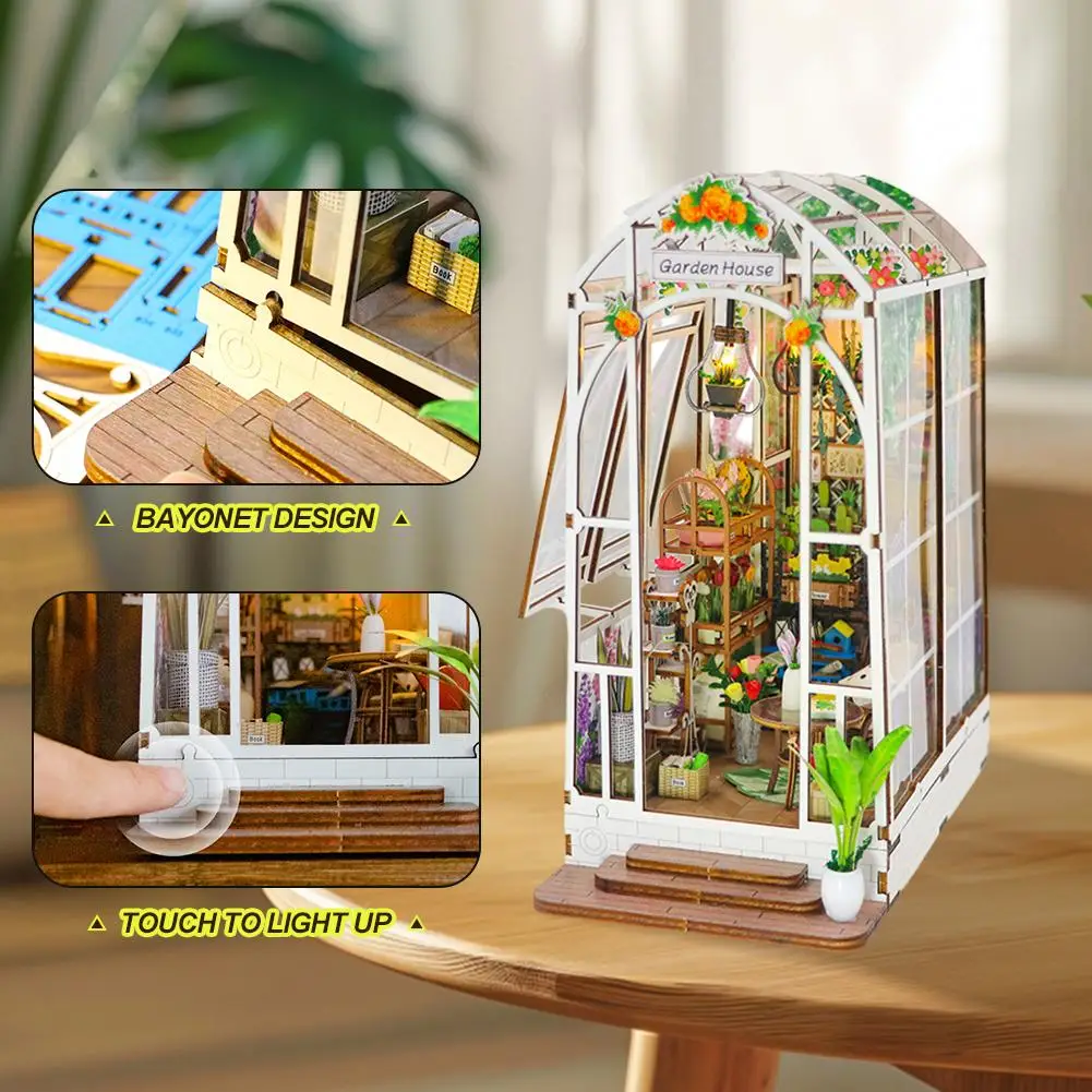 Rumah miniatur buku lucu Kit kebisingan DIY dengan lampu LED rak buku bookook masukkan Dekorasi kayu pembatas buku taman Diorama rumah