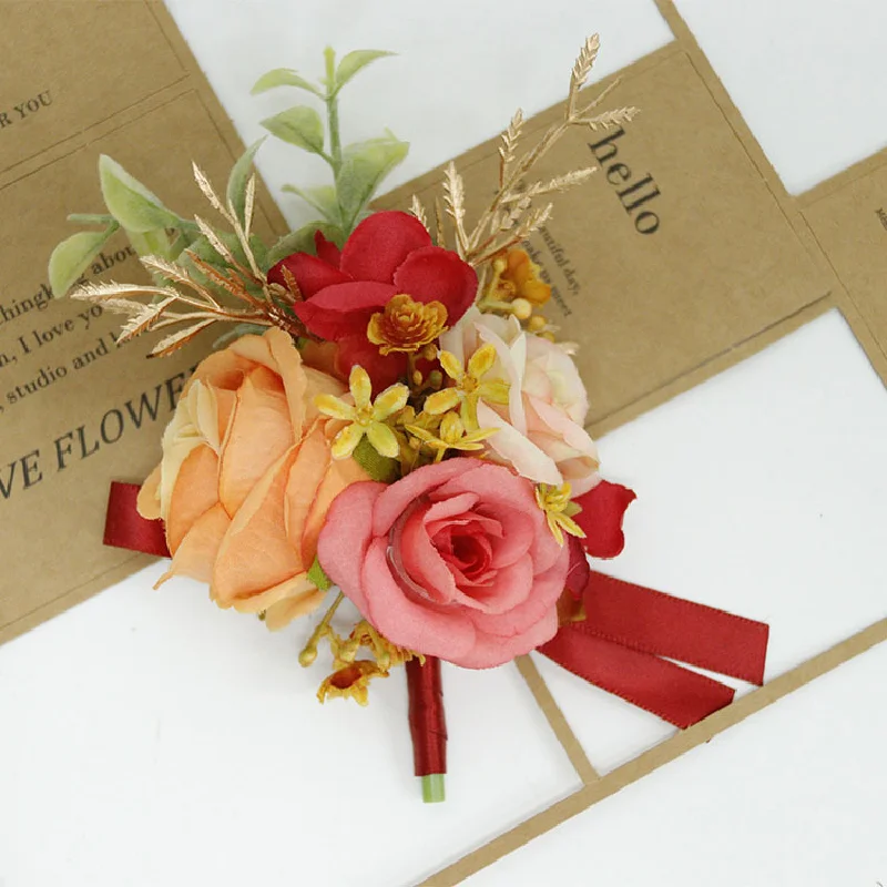 Boutonniere And Wrist Corsag Orange Yellow Wine Red Simulation Flower Business Celebration Guest Wedding Supplies 426