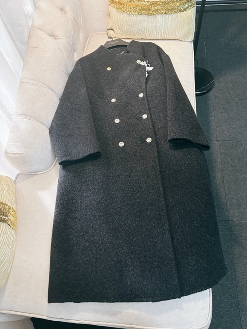 Koreaanse Sle Lange Double Breasted Dubbele Wollen Jas Bla Loose Fit Dubbelzijdige Zijden Mohair Trenchcoat Ele Pendelkleding