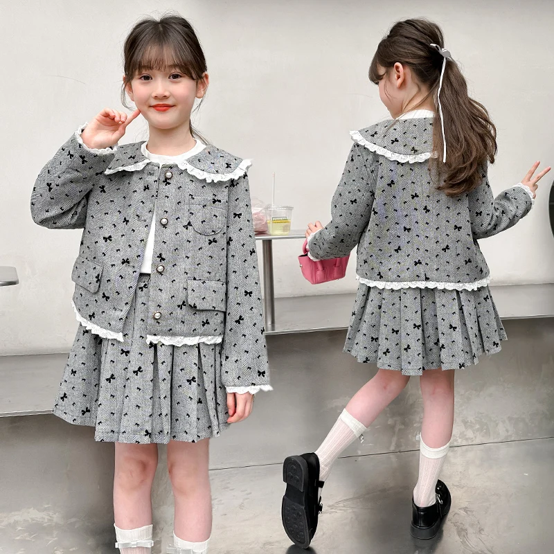 ensemble fille spring teen girl clothes set Lace collar bow jacket+Pleated skirt 2pcs junior kid JK suit child outfits conjuntos