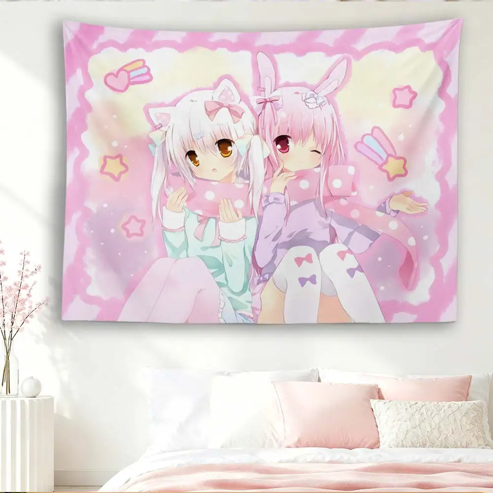 Kawaii Katzen-Hasenohren Anime Mädchen Wandteppich, Rosa Pastell Stern Herz Moe Wandbehang für Mädchenzimmer Wohnheim Deko
