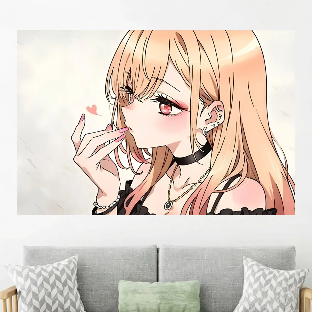 Aesthetic Blonde Anime Girl Tapestry Kiss Gesture Pink Heart Ear Piercing Choker Manga Portrait Wall Hanging Dorm Bedroom Wall