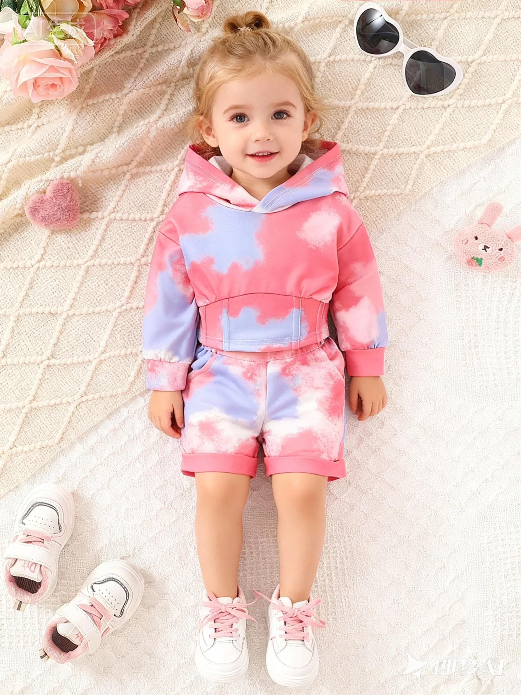 Girls Baby 2-Piece Fashion Tie-Dye Hoodie Fabric Set Long Sleeve Hooded Sweatshirt And Shorts Autumn Winter Outfit