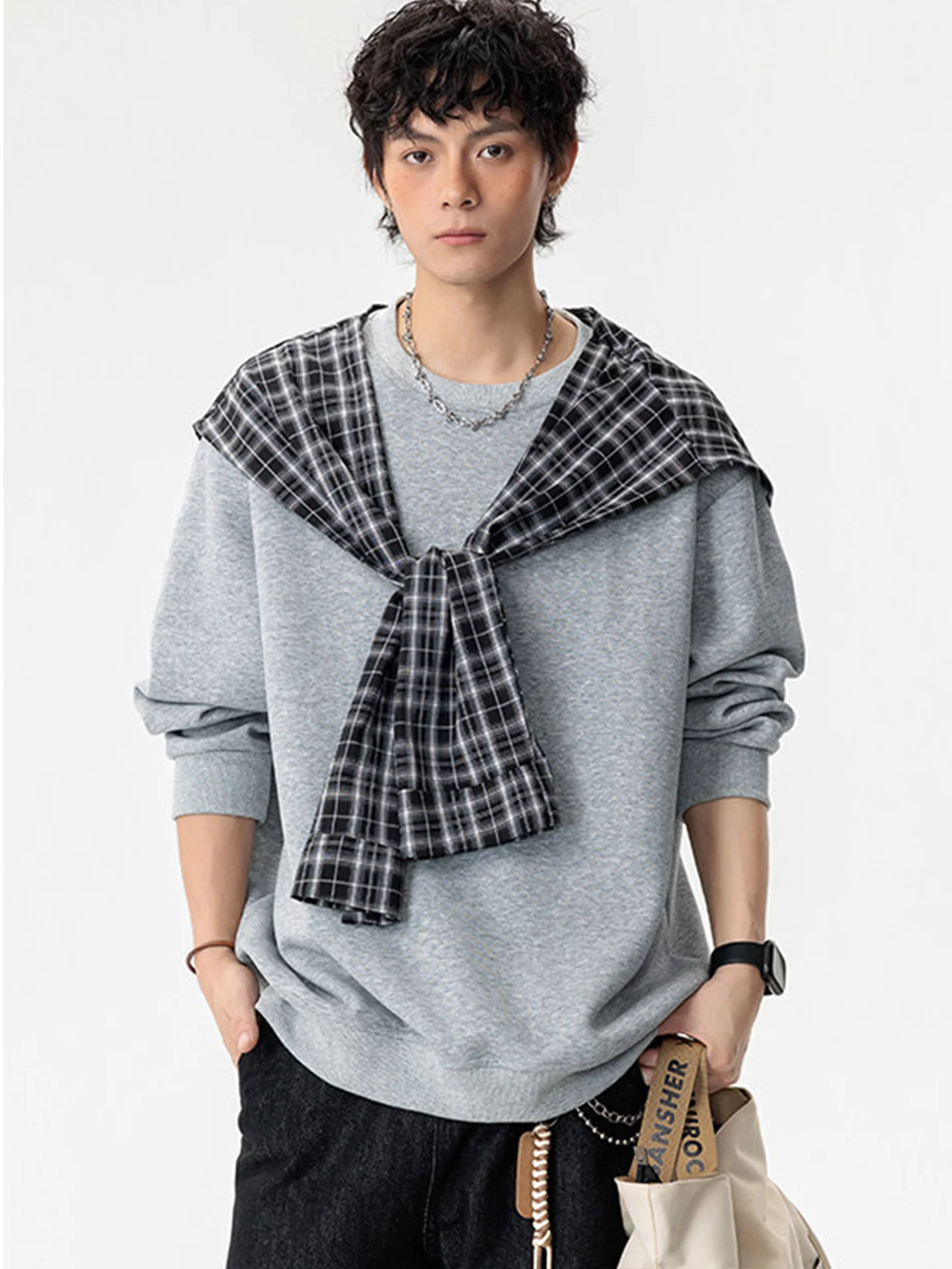 

Plaid Shawl Detachable Fake Two-Piece Hoodie Men's Design Sensation Handsome Heavyweight Top Autumn round Neck Jacket