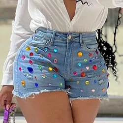 Shorts jeans frisados de strass para mulheres, cintura alta jean, calças emagrecedoras, fundo de verão, nova chegada, requintado, 2023