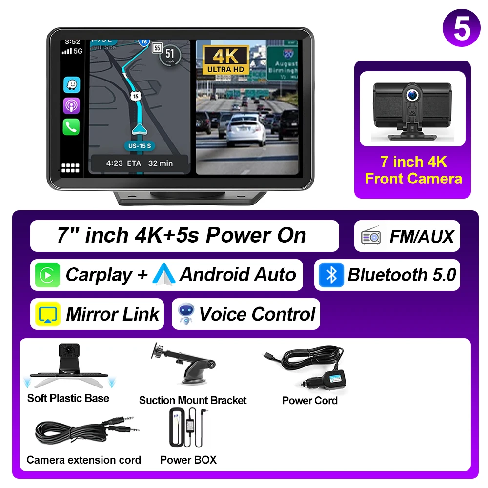 XIMA 7'' 4K Dash Cam Car Mirror Video Player Wireless Carplay Android Auto GPS Car Monitor Multimedia Rearview Camera Dashboard image 3