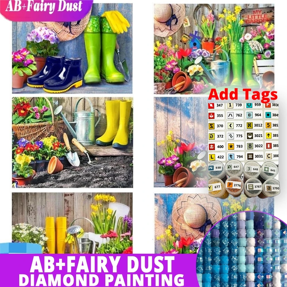مع رمز ملصق AB الجنية الغبار الحفر كامل مربع 5D DIY بها بنفسك الماس اللوحة احذية المطر فسيفساء حديقة الخرز زهرة المشهد كروس