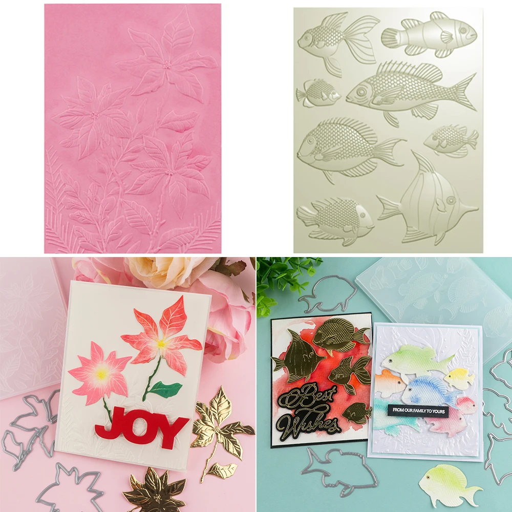 3D Embossing Folder Ocean Fish Christmas Poinsettias Leaf Flower Stencil For Add Textured Detail to Paper Craft Project Making