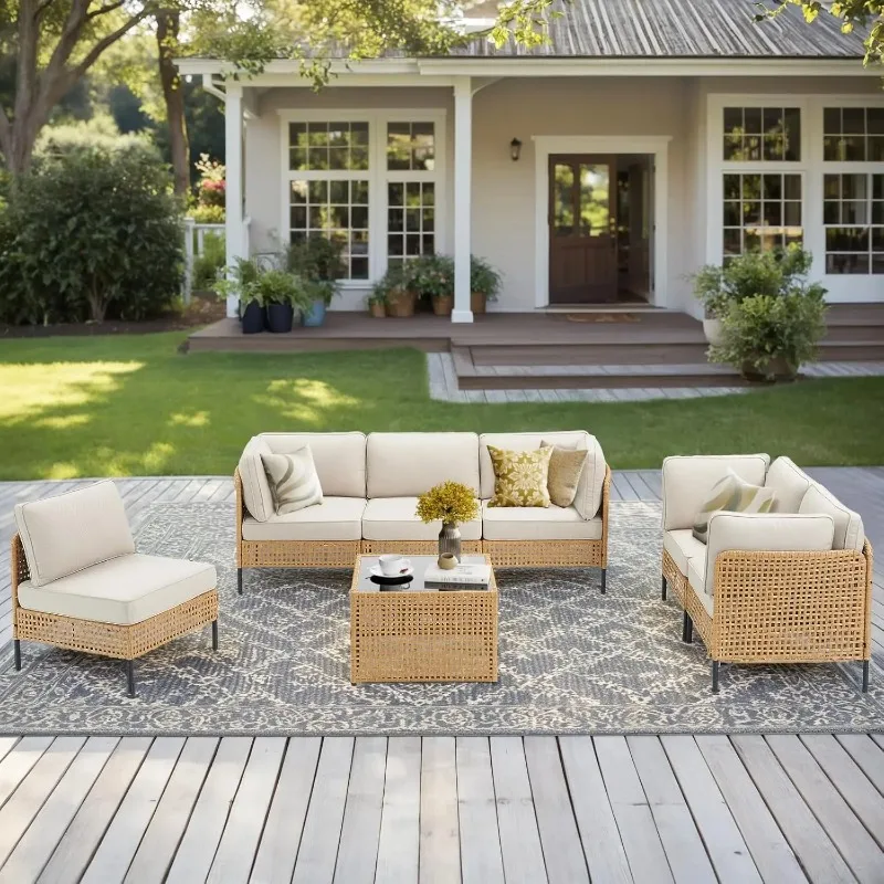 Outdoor Patio Furniture Set, Oversize Sectional , Rattan Chairs Glass Table Wicker Conversation Seating