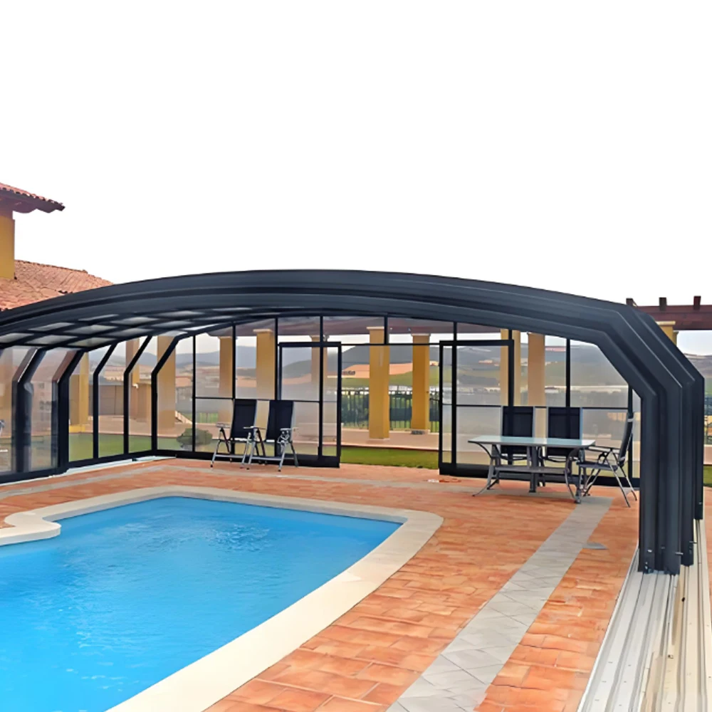 Automatic retractable glass sunroom railing,pitched roof double-glazed tempered glass suitable for swimming pools and patios