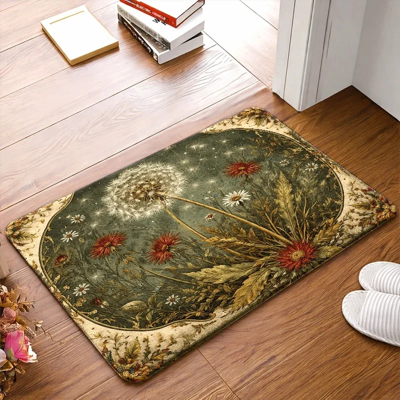Vintage Dandelion Floral Area Rug, Durable Machine‑washable Floor Decor, Indoor‑outdoor Ornament for Bedroom, Living Room