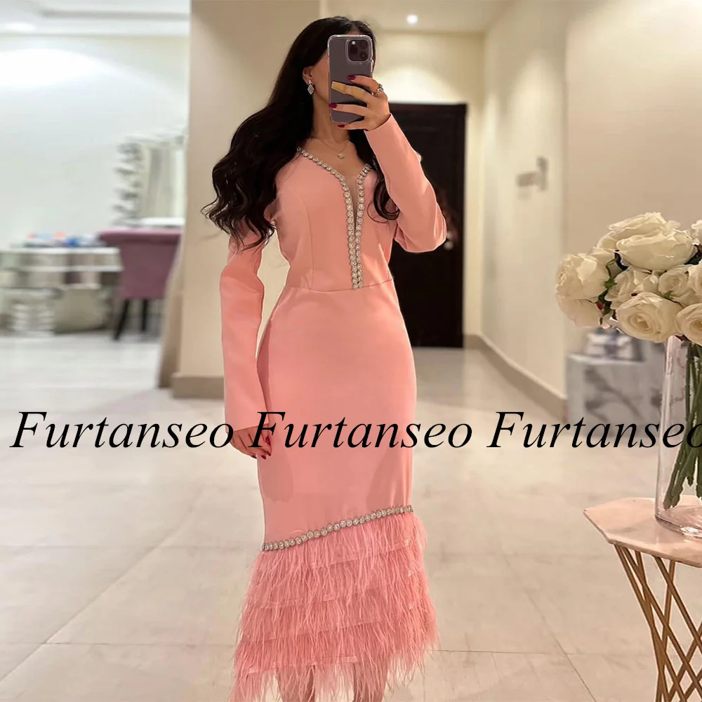 Saud Arabian Woman Evening Dress Customized V Neck Long Sleeves Rhinestone Feathers Mermaid Prom Gown Formal Occasion Dresses