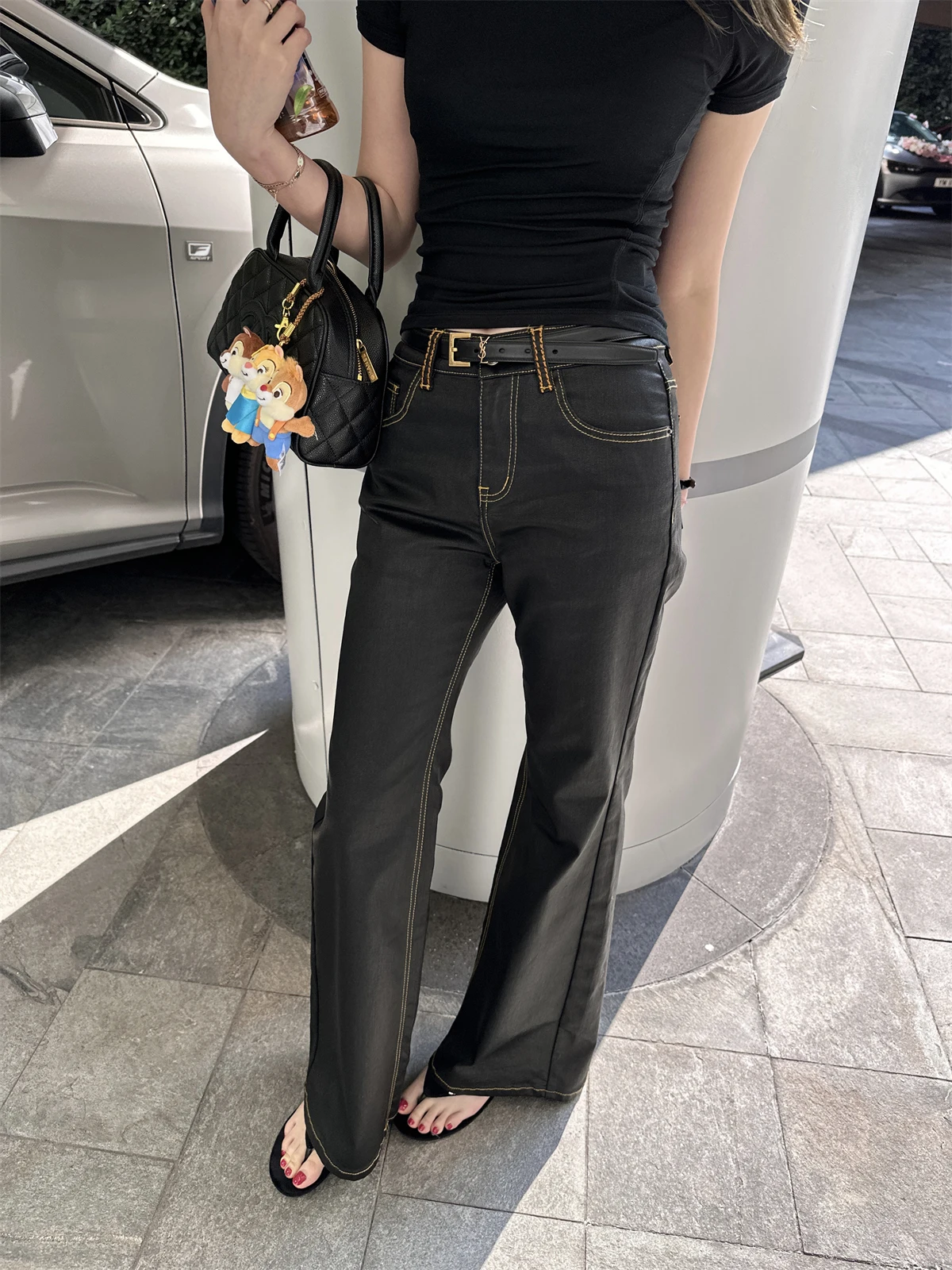 

Baby High Waist Cotton Stretch Denim Pants Metal Paint Coated Micro Flared Slimming Bootcut Jeans for Women Spring ...