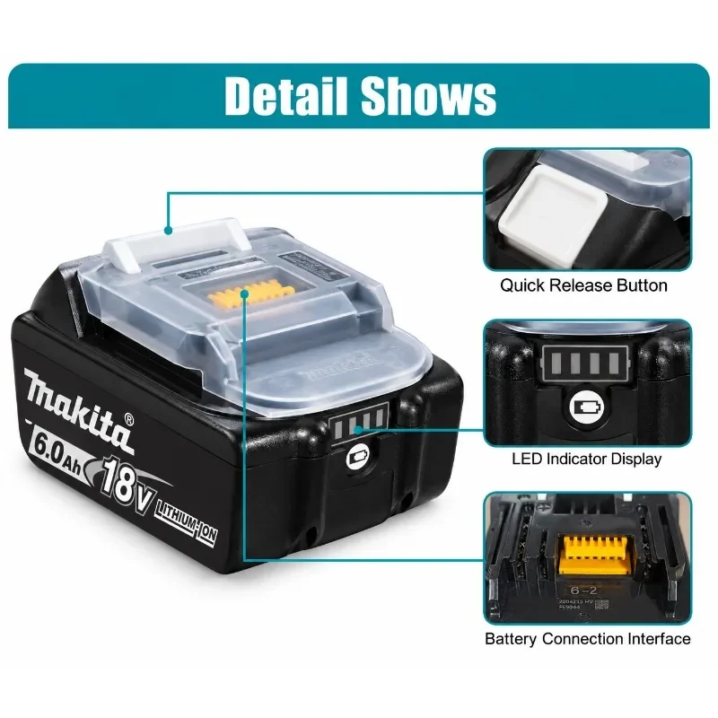 100% Original Makita Battery, 6.0Ah Rechargeable Battery 18V, For BL1830B BL1840B BL1850B BL1860B, Cordless Power Tool Battery