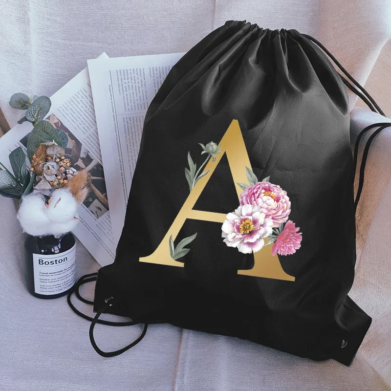 Drawstring Bag Alphabet Flower Print Sports Bags Waterproof Backpack Bundle Pocket Custom Printing Logo for Women Students