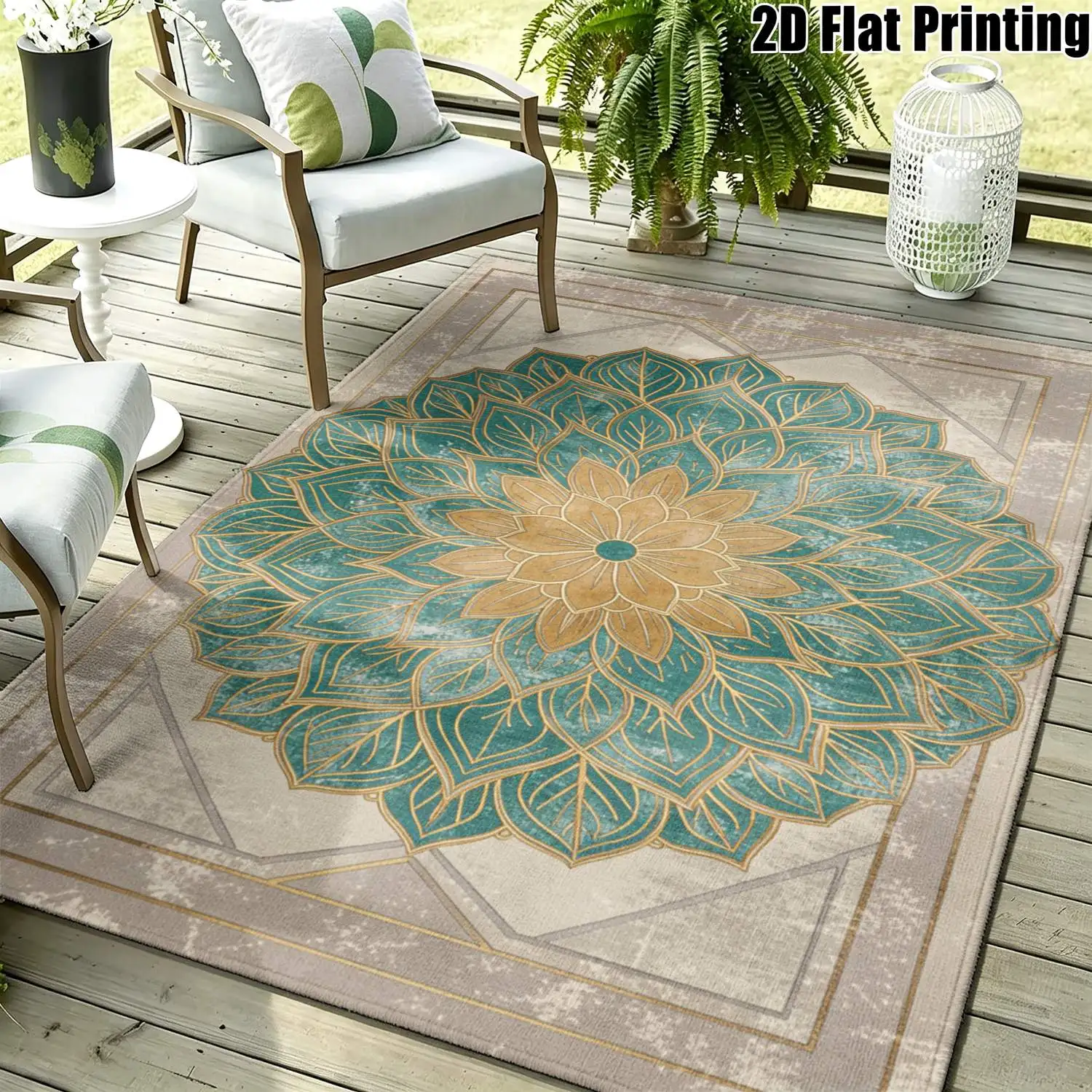 1Pc 2D Printed Carpet: Dark Green & Gold Mandala Retro Rug for European/Bohemian Decor, Multi-Size, Machine Washable, Multi-Scene Use