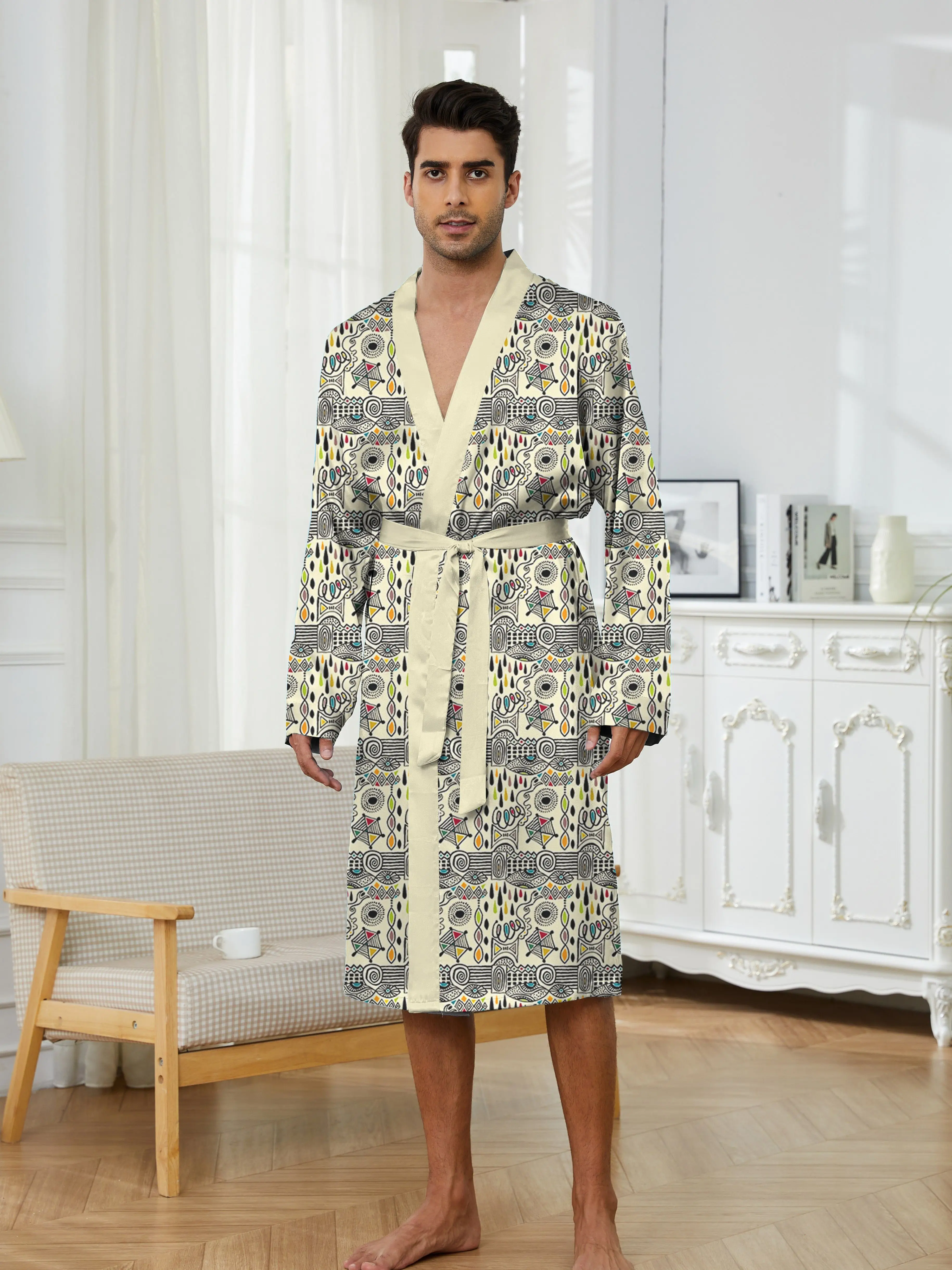 أردية طويلة للرجال للربيع والخريف مع طباعة رقمية للتجفيف السريع، أردية نوم رجالية للترفيه المنزلي والراحة #1