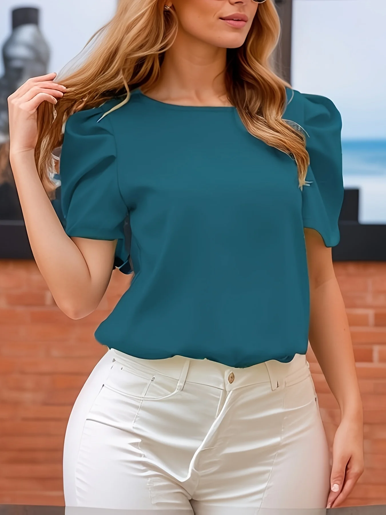 Fashionable Casual and good-looking round tie jacket, elegant puffy sleeve spring and summer blouse, women\'s wear