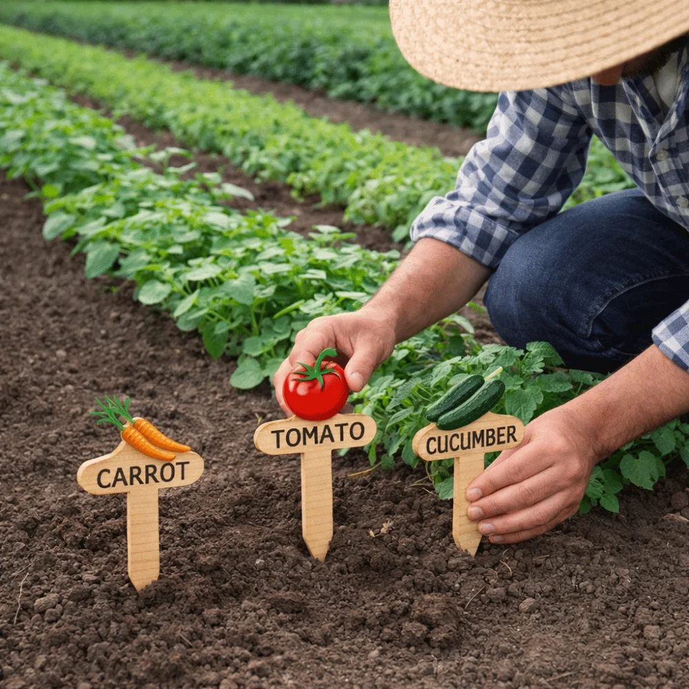 15PCS Wooden Plant Markers T-Type Vegetable Pattern Garden Flower Labels Reusable Vegetable Name Tag Succulent Plants