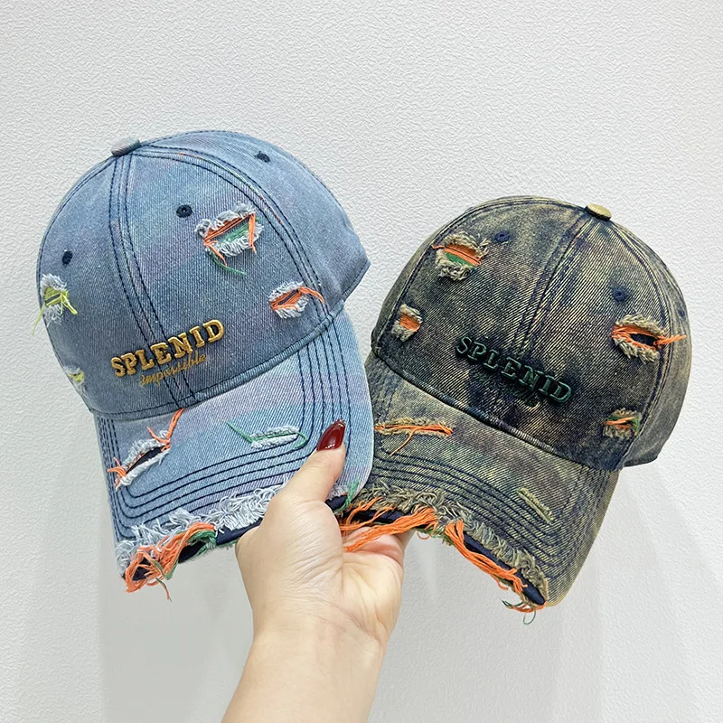 Neue Stil Frauen Kappe Tränen Stil Loch Vintage Bunte Linien Baseball Caps Weibliche Casual Outdoor Streetwear Denim Hut – Detail 4