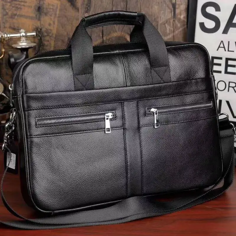 Borsa a mano in vera pelle Strato superiore in pelle bovina Valigetta da lavoro impermeabile Documento per riunioni di grande capacità Borsa per computer da 15 pollici