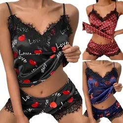 2023 Women Pajama Suit Fashion V-Neck Stretch Satin Babydoll Lace Sexy Lingerie Bowknot Pyjamas Sleep Shorts Set Sleepwear New