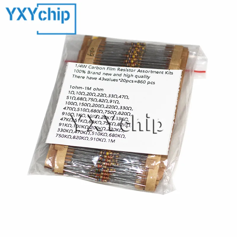 

860pcs/lot Carbon Film Resistor Kit 1/4W 5% Resistors Assorted Kit Set 43values*20pcs Resistance 1R - 1M Ohm 0.25W Resistor Pack