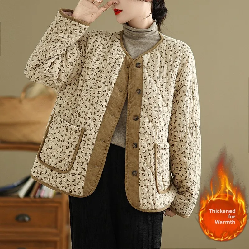 

Свободная куртка из хлопка с круглым вырезом, на одной пуговице, с художественным цветочным принтом, больших размеров, зимняя верхняя одежда, корейский стиль, для повседневной носки