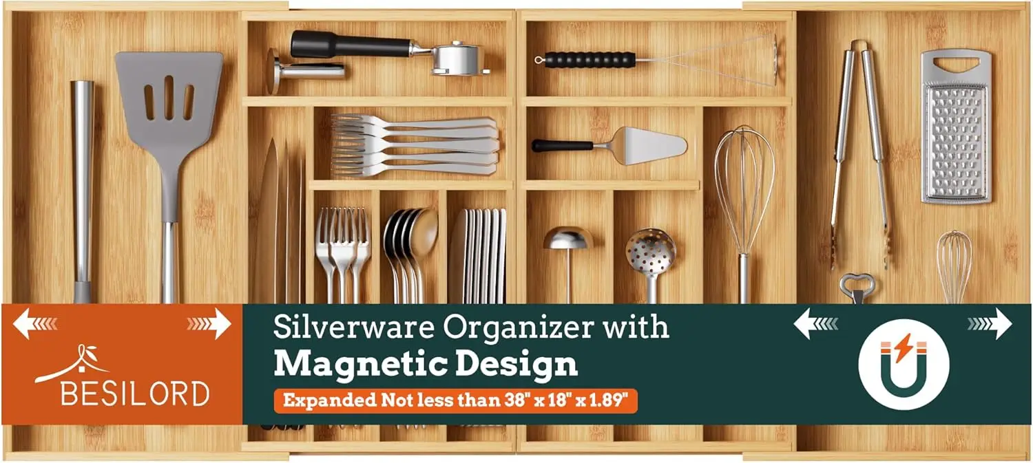 

Silverware Organizer Large, Magnetic Connected Expandable 13 Slots Silverware Drawer Organizer From