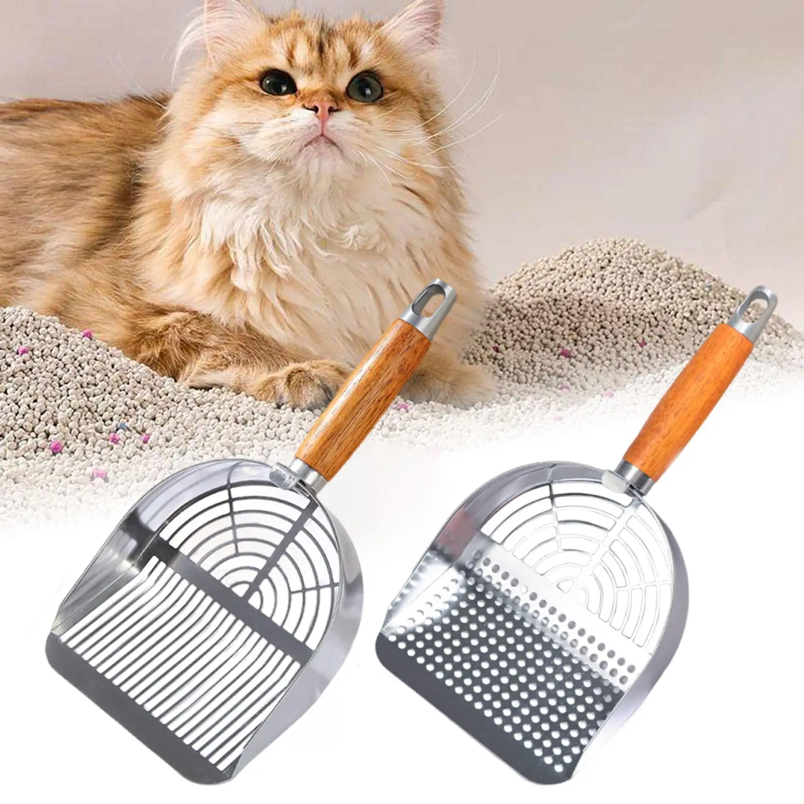 

Stainless Steel Cats Litter Scoop Wooden Handle Pet Cleaning Supplies Sifting Tool for Cat Box Puppy Litter Tray Bunny Kittens