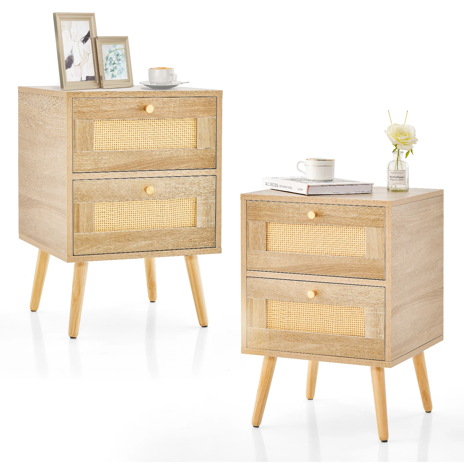 Bedside table rattan set of 2, 2 drawers solid wood legs side table table night chest of drawers boho style