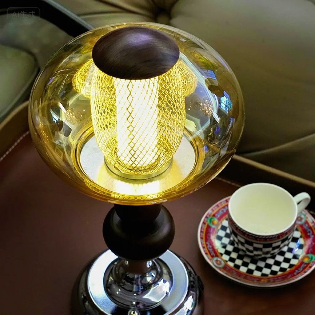 Medieval solid wood court desk lamp rechargeable touch switch study bedroom bedside lamp decorative atmosphere night light