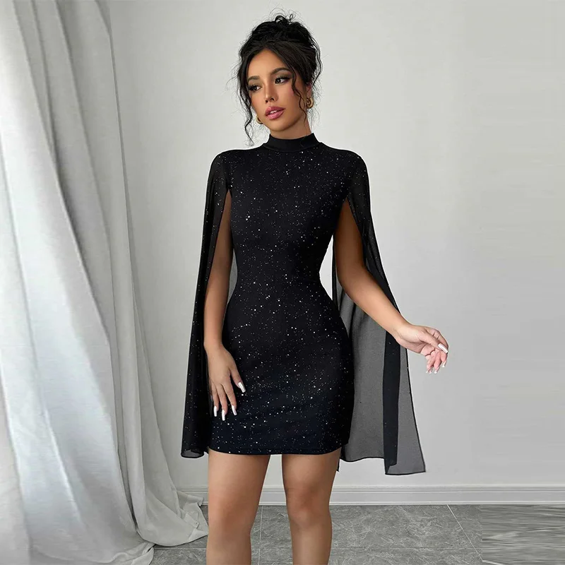 Sexy elegante vestidos de festa à noite em torno do pescoço pit listra pérola chiffon capa manga envolto hip vestido nova moda casual