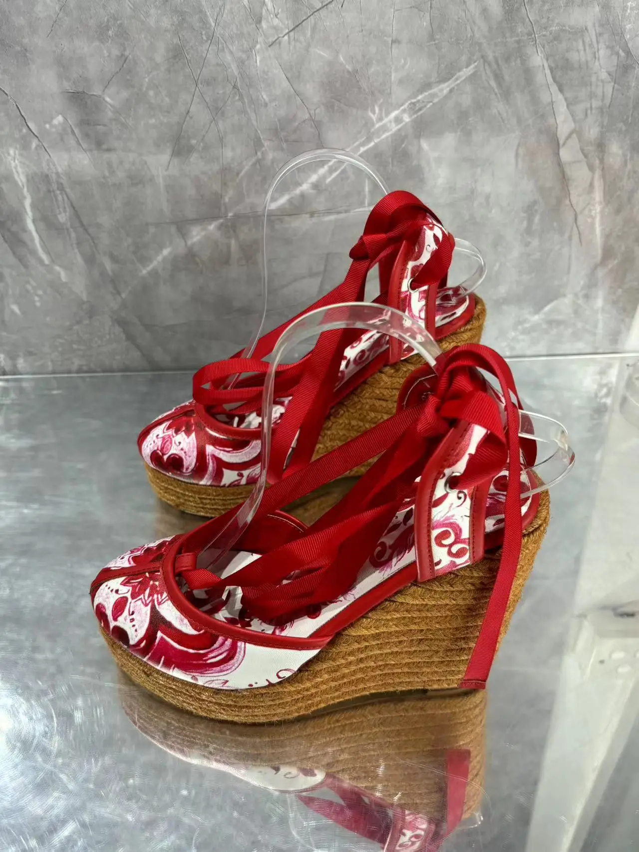 

Wedge Heel Straw Sole Sandals Round Toe Red Flower Print High Heels Casual Comfortable Breathable Women Shoes Sandalias Mujer