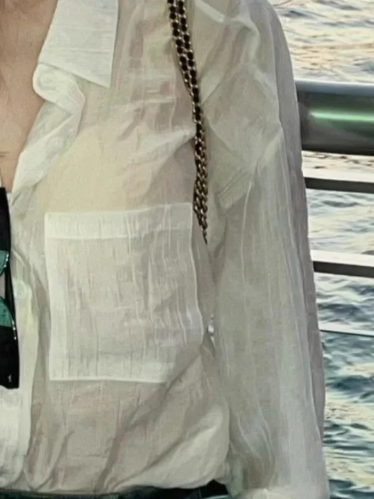 Blusa feminina coreano topos 2025 ropa mujer proteção solar elegante novas blusas turn down collar manga longa mulher chique branco blusas