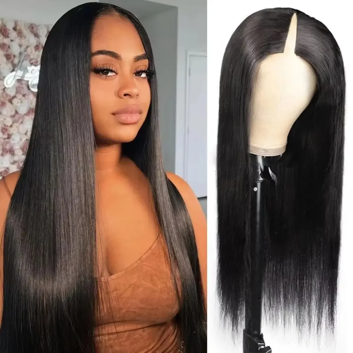 30 32 Inch V Part Wig Straight 200 Density Glueless Human Hair Brazilian Natural Color Full Machine Made Wig For Black Women