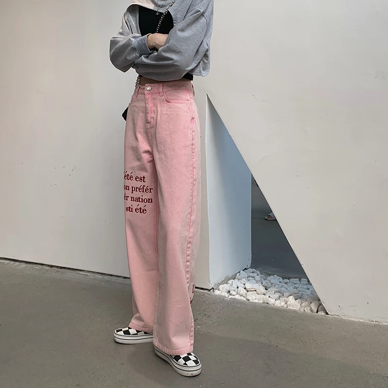 Women Casual High Waist oversized Wide Leg Jeans 2024 Letter Print Pink Straight Denim Pants Streetwear Boyfriend Style Jeans