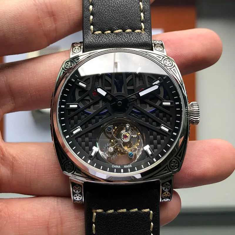 BOUX Men‘s Tourbillon Mechanical Watches ST8000 Movement Male Skeleton Hollow Out Luminous Sapphire Genuine Leather Wristwatches