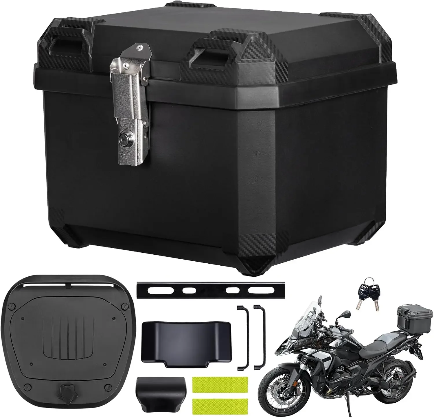KEMIMOTO Motorcycle Top Case 45L, Universal Plastic Motorbike Trunk with Lining, Waterproof Detachable Motorcycle Top Box with Lock & Back Cushion (Black)