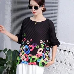 Summer New Fashion Miyake Pleated Hand-folded Geometric Print Five-part Sleeve Women's T-shirt Loose Peplum Tops Women Clothing