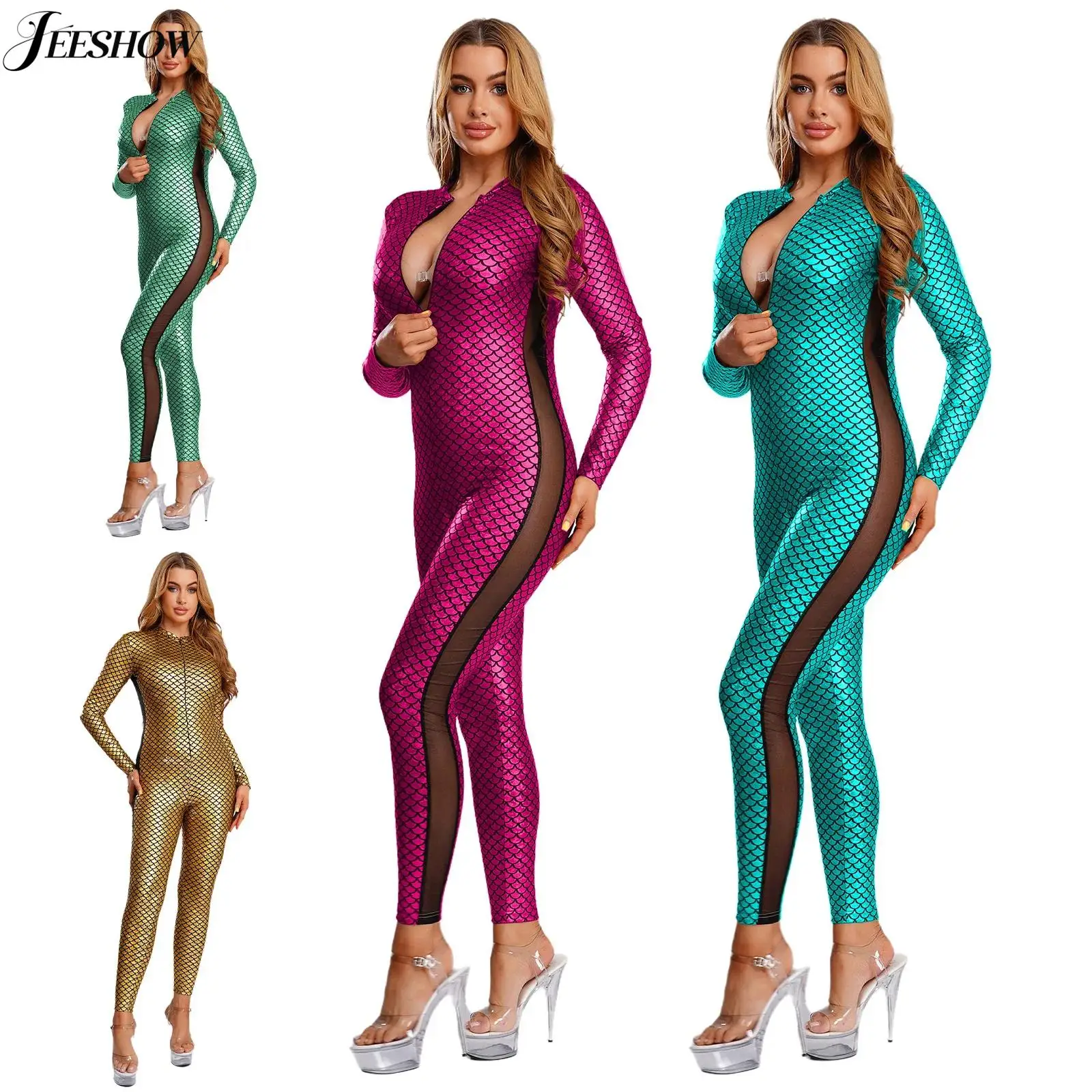 

Womens Fish Scale Printed Unitard Sheer Mesh Patchwork Shiny Metallic Long Sleeve Full Length Leotard for Masquerade Party