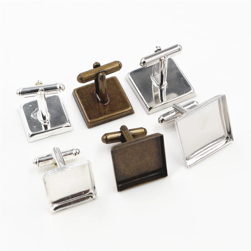 10pcs/ Lot Square 16mm,18mm,20mm, 3 Colors Plated Square Copper Cufflink Base Cuff Link Settings Cabochon Cameo Base