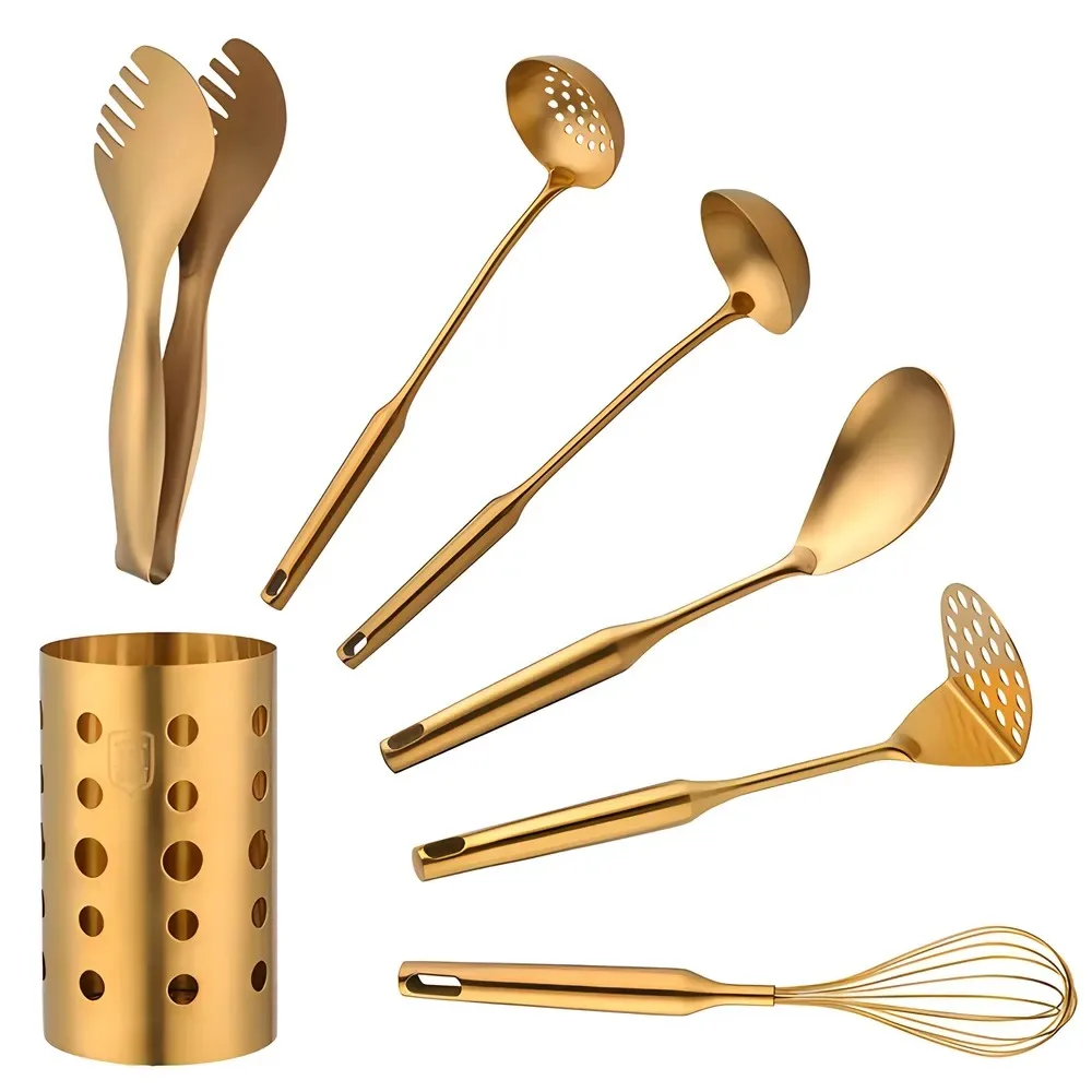 304 Golden Stainless Gift Set of Stainless Steel Kitchen Utensils Cooking Spoon 7 Prem Ложка Кулинарная 7 Предм