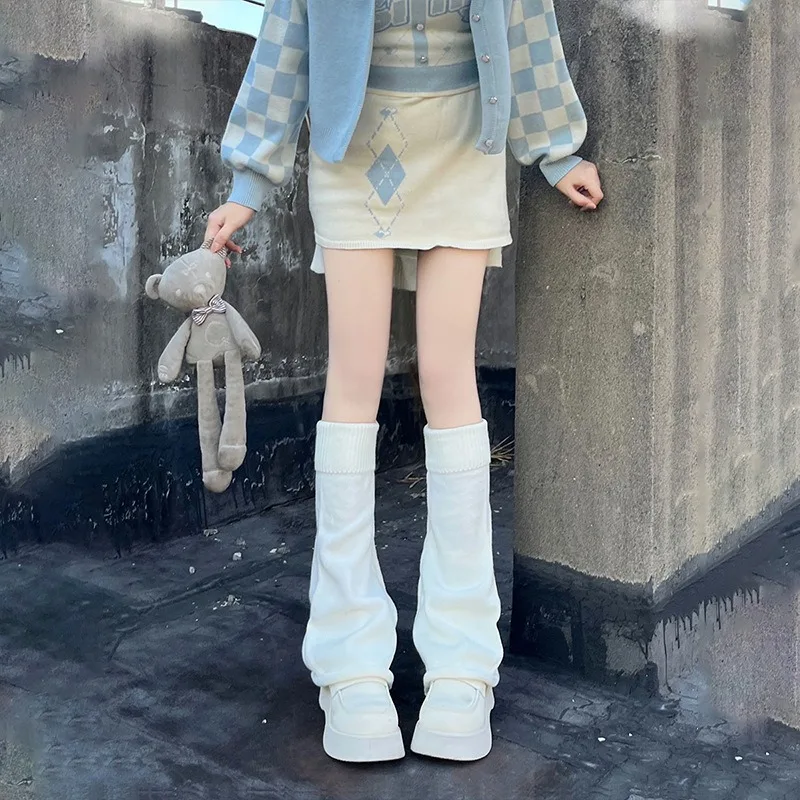 1 paire de chaussettes longues tricotées JK pour femmes, chauffe-jambes blanches, hauteur des genoux, chaudes, Style Lolita, amples, automne et hiver