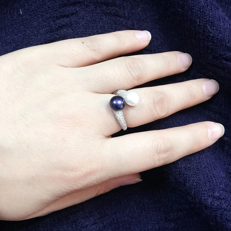 YouNoble Natural Cultured Sterling Silver Pearl Ring Women,White Double Adjustable Ring With Pearl Wife Mother Birthday Gift