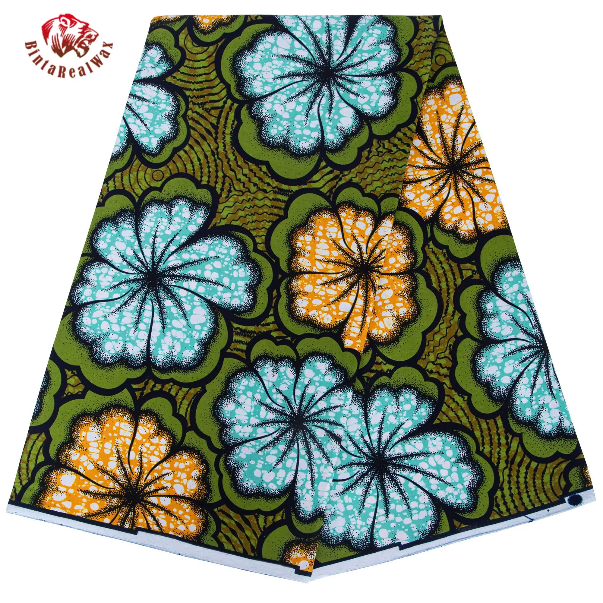 

African Wax Print Fabric, Green Background with Blue Yellow Floral Patterns, 100% Cotton Ankara Fabric for Dress Making 24FS1630