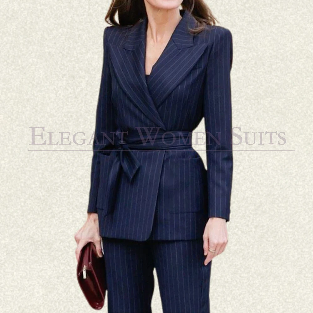 

Belted Navy Blue Women's Suits Formal Business 2 Piece Jacket Pants Full Sets Customized Female Clothing High Quality Blazer