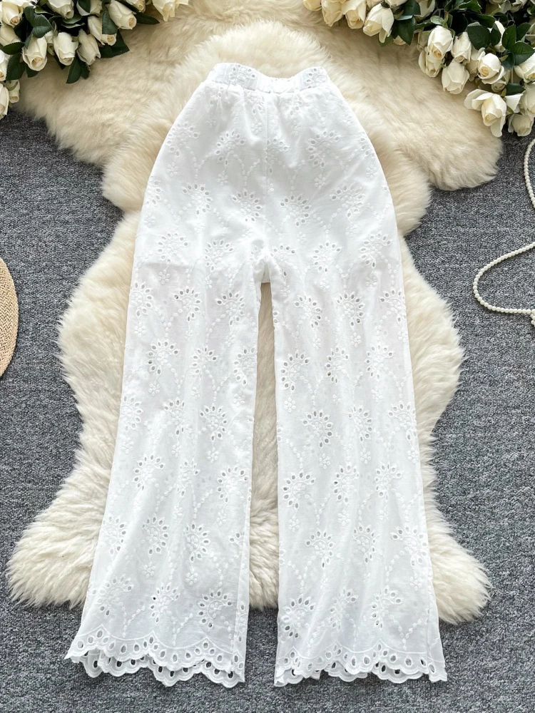 

Корейские летние новые универсальные брюки с высокой талией, женские модные брюки с вышивкой и ажурными элементами, широкие брюки в стиле Heavy Industry.