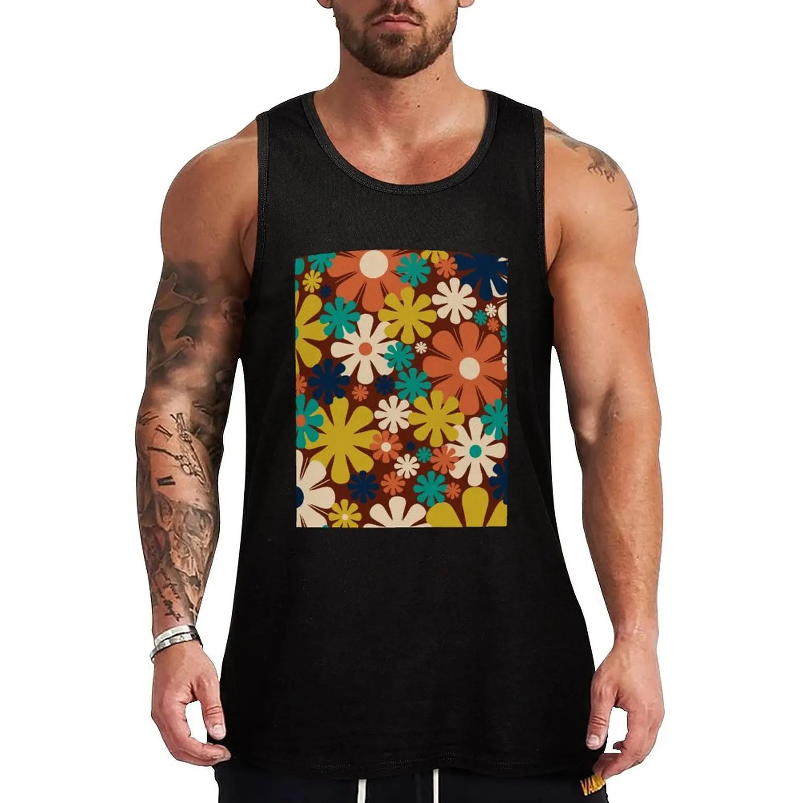 Retro 60s 70s Aesthetic Floral Pattern in Midcentury Rust Orange Mustard Teal Blue Beige Tank Top