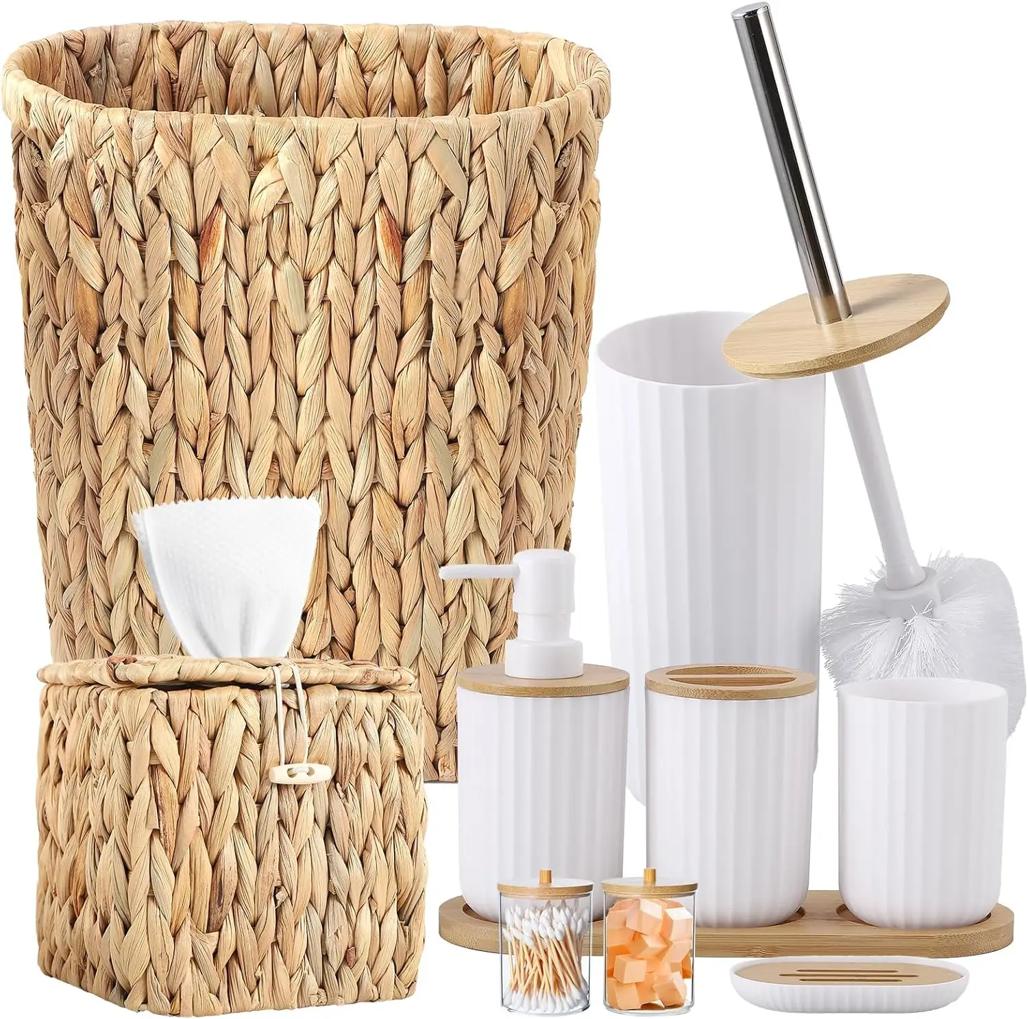 

10-Piece White Wicker Bathroom Set with Trash Can, Tissue Box, Soap Dispenser, and More for Home Decor